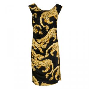Versace Collection Black and Gold Cat Print Sleeveless Draped Dress M
