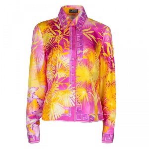 Pre Owned Gianni Versace Couture Pink and Yellow Printed Silk Long Sleeve Shirt M