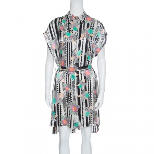 Pre Owned Versace Monochrome Floral Printed Silk Belted Shirt Dress S