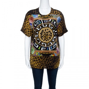 Versace Leopard Printed Silk Embellished Logo Detail Top M