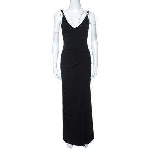 Pre Owned Versace Collection Black Logo Strap Slit Detail Draped Maxi Dress S