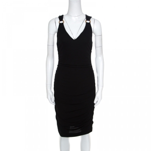 Pre Owned Versace Black Ruched Metal Ring Detail Sleeveless Bodycon Dress M