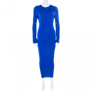Pre Owned Versace Cobalt Blue Ribbed Wool Knit Medusa Fitted Midi Dress L