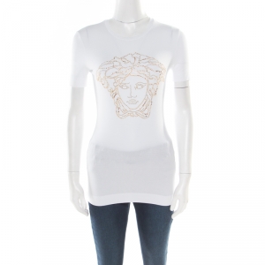 Pre Owned Versace White Crystal Embellished Medusa Icon Short Sleeve T-Shirt S