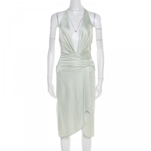 Pre Owned Versace Mint Green Draped Medusa Clasp Detail Halter Dress S
