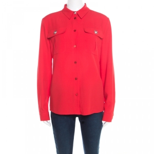 Pre Owned Versus Versace Red Crepe Medusa Button Detail Long Sleeve Blouse M