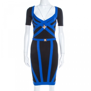 Versace Collection Black Contrast Trim Knit Logo Buckle Detail Bodycon Dress S