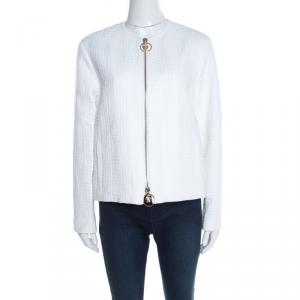 Versace White Cotton Linen Embossed Zip Front Jacket M