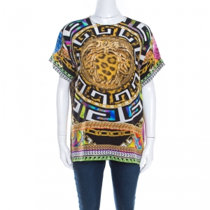 Versace Multicolor Medusa and Leopard Print Silk Boxy Fit Blouse S