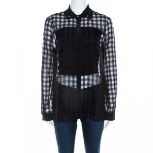 Pre Owned Versace Black Sheer Checkered Cotton Silk Gold Medusa Button Detail Shirt S