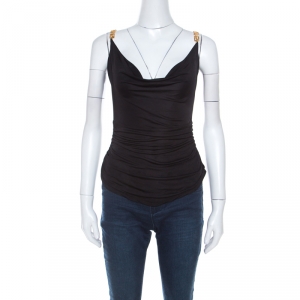 Pre Owned Versace Black Jersey Gold Logo Chain Strap Detail Top S 