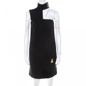 Pre Owned Versace Black Crepe Wool Asymmetric Cut Out Detail Shift Dress S