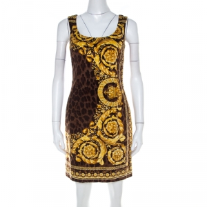 Pre Owned Versace Brown Animal and Baroque Print Velvet Sleeveless Sheath Dress S