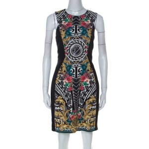 Pre Owned Versace Multicolor & Black Paneled Sleeveless Sheath Dress L