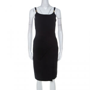 Pre Owned Versace Collection Black Crepe Gold Embellished Draped Detail Sleeveless Dress S