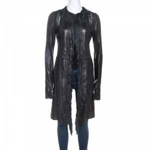 Gianni Versace Vintage Black Leather Fringe Overcoat S