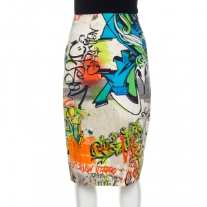 Versace Collection Multicolor Printed Cotton Stretch  Sheath Skirt M