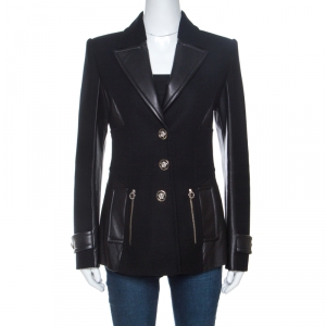 Versace Black Wool and Leather Patch Detail Tailored Jacket M