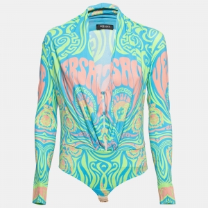 Versace Green Printed Crepe Long Sleeve Bodysuit S