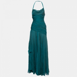 Versace Teal Blue Crinkled Chiffon Raw-Edge Detail Gown Dress S