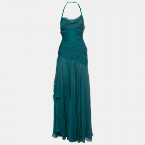 Pre Owned Versace Teal Blue Crinkled Chiffon Raw-Edge Detail Gown Dress S