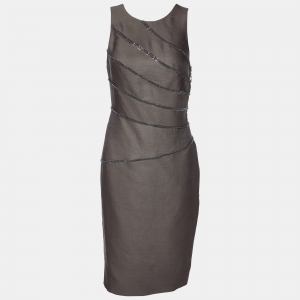 Versace Deep Taupe Wool & Silk Fishbone Chain Detail Dress S