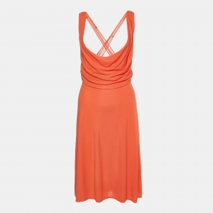 Versace Orange Crepe Lace Up Detail Midi Dress L
