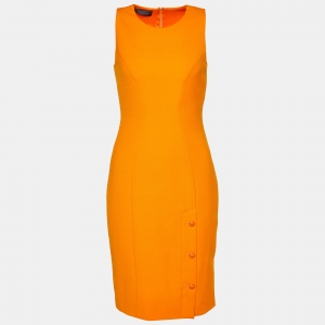 Versace Orange Crepe Logo Button Detail Sheath Dress S