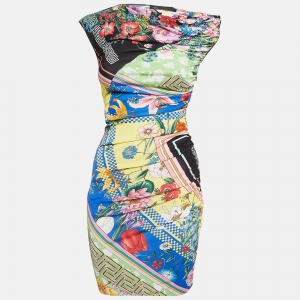 Versace Multicolor Floral Print Jersey Ruched Bodycon Dress S