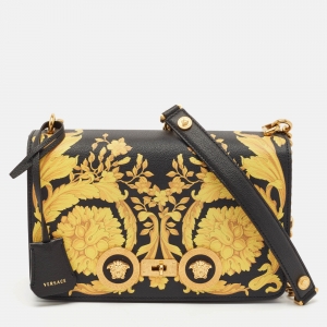 Versace Black/Yellow Baroque Print Leather Icon Medusa Shoulder Bag