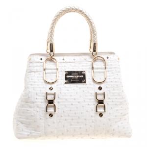 Pre Owned Versace White Ostrich Leather Snap Out Of It Tote