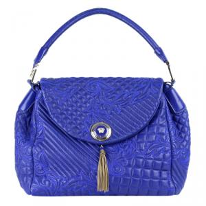 Pre Owned Versace Blue Embossed Leather Talia Vanitas Shoulder Bag