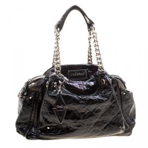 Versace Holographic Black Textured Patent Leather Satchel