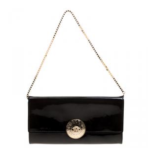 Versace Black Patent Leather  Medusa Logo Chain Clutch