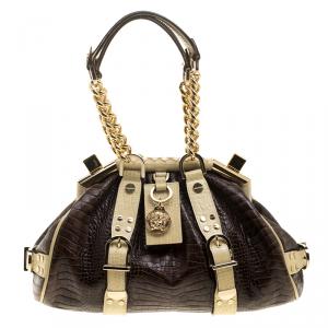 Pre Owned Versace Brown/Cream Croc Embossed Leather Madonna Boston Bag