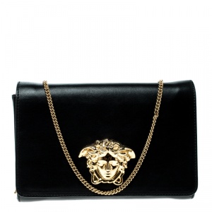 Pre Owned Versace Black Leather Evening Palazzo Chain Clutch 
