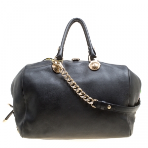 Versace Black Leather and Floral Print Fabric Top Handle Bag