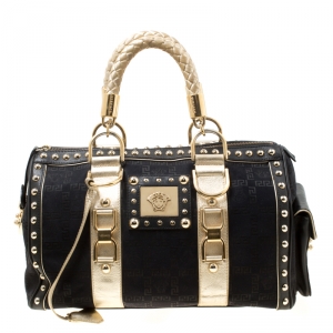 Pre Owned Versace Black Signature Fabric Studded Snap Out Of It Satchel 