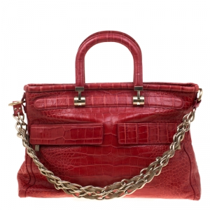 Versace Red Croc Embossed Leather Top Handle Bag