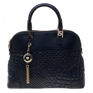 Versace Navy Blue Quilted Leather Athena Vanitas Top Handle Bag