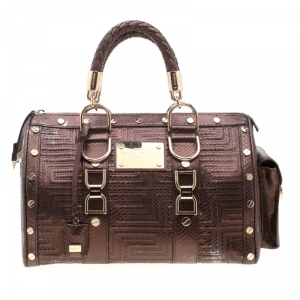 Pre Owned Versace Bronze Snakeskin Embossed Leather Couture Boston Bag