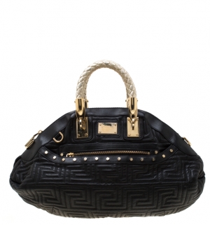 Pre Owned Versace Black/Gold Quilted Leather Satchel