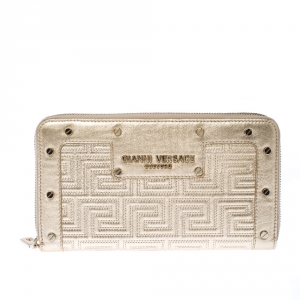 Versace Gold Metallic Quilted Leather Studded Zip Around Wallet