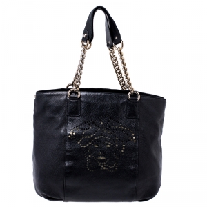 Versace Black Perforated Logo Leather Chain Hobo