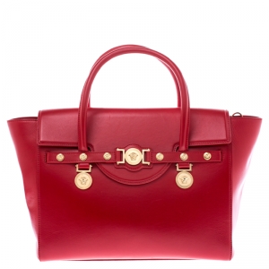 Pre Owned Versace Red Leather Medusa Medallion Tote