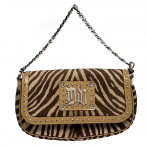 Pre Owned Versace Brown Zebra Print Fur Small Flap Bag