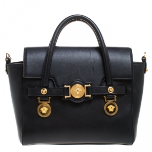 Pre Owned Versace Black Leather Medium Medusa Medallion Tote