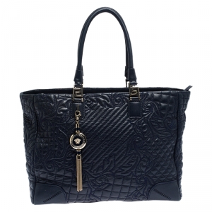 Pre Owned  Versace Navy Blue Quilted Leather Elettra Vanitas Tote