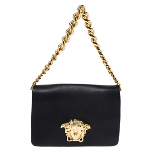 Versace Black Leather Medusa Flap Shoulder Bag