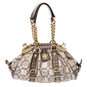 Pre Owned Versace Beige/Metallic Canvas and Leather Madonna Boston Bag